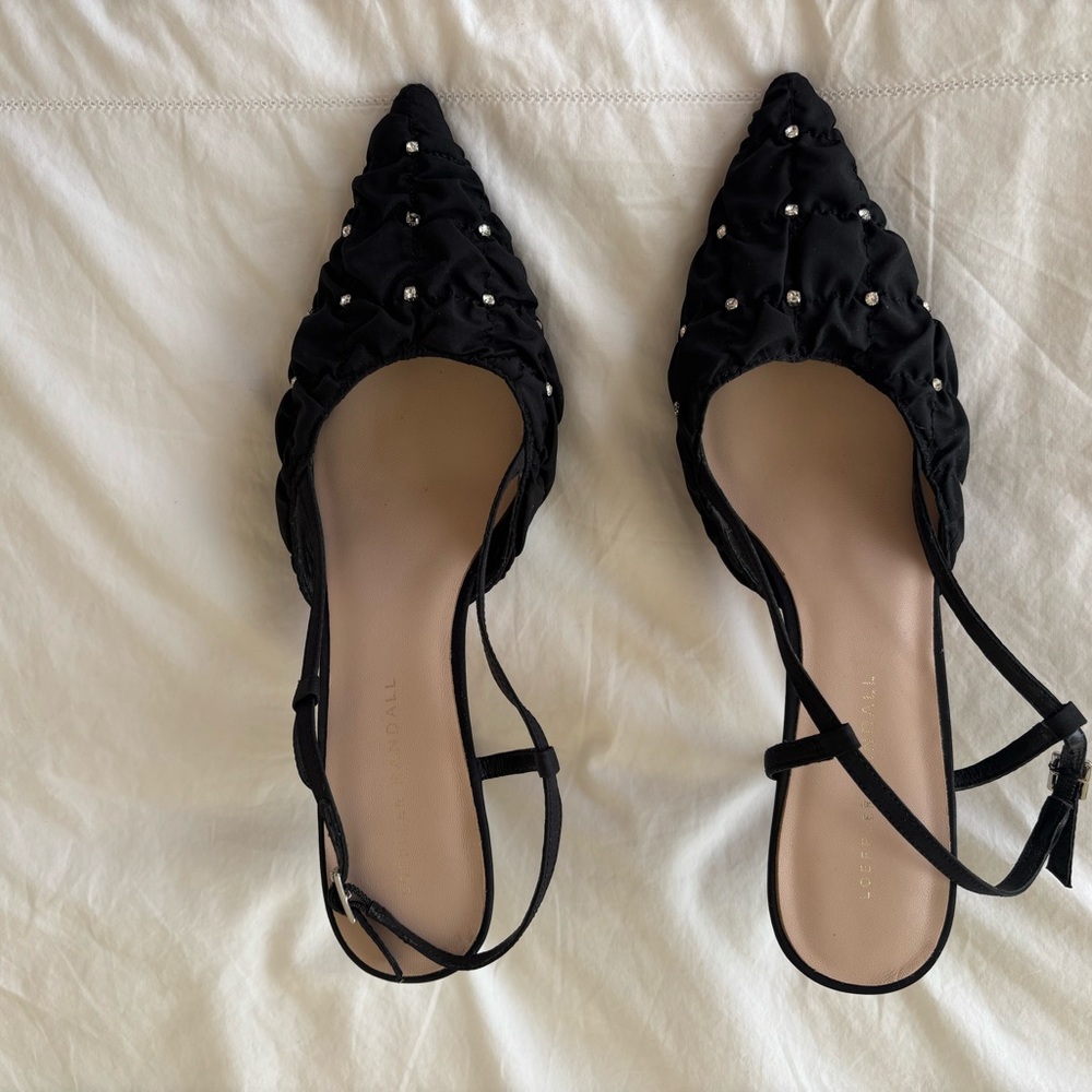 Loeffler Randall black satin kitten heels sling back